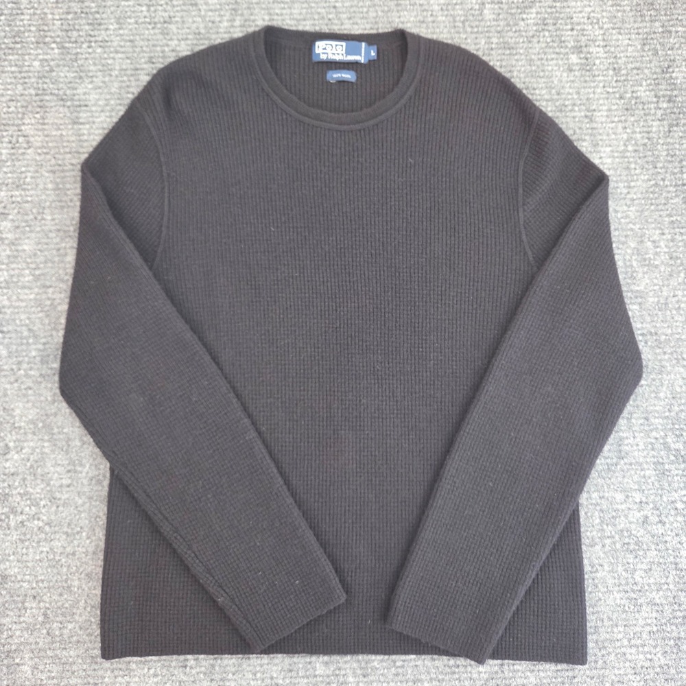 Vintage Polo Ralph Lauren Black 100% Wool Waffle Knit Crewneck Sweater Mens L